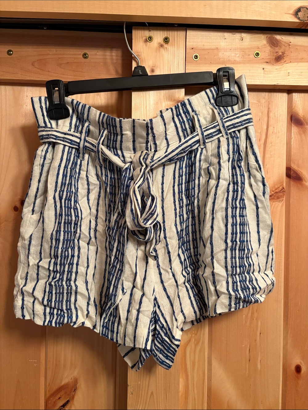 Lulu's Cream and Blue Striped High-Waist Tie-Waist Shorts